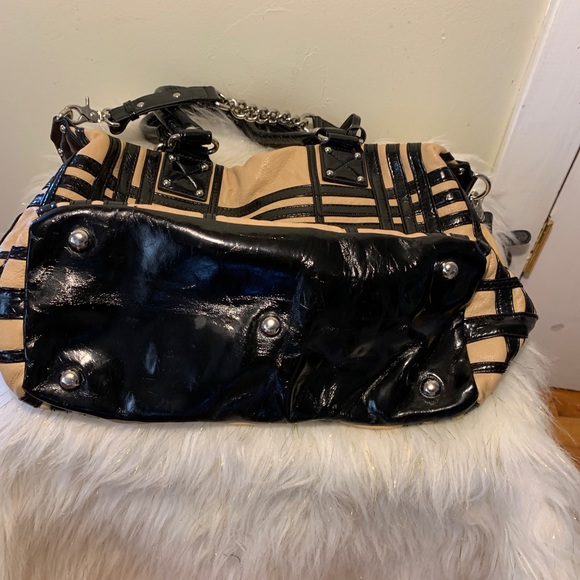 Badgley Mischka Handbag Purse Black Tan Leather - Picture 5 of 12